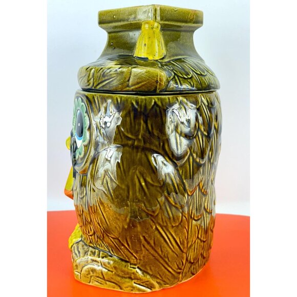 Vintage 1960s cookie jar, avocado green wise Owl, ceramic countertop storage - Picture 5 of 10